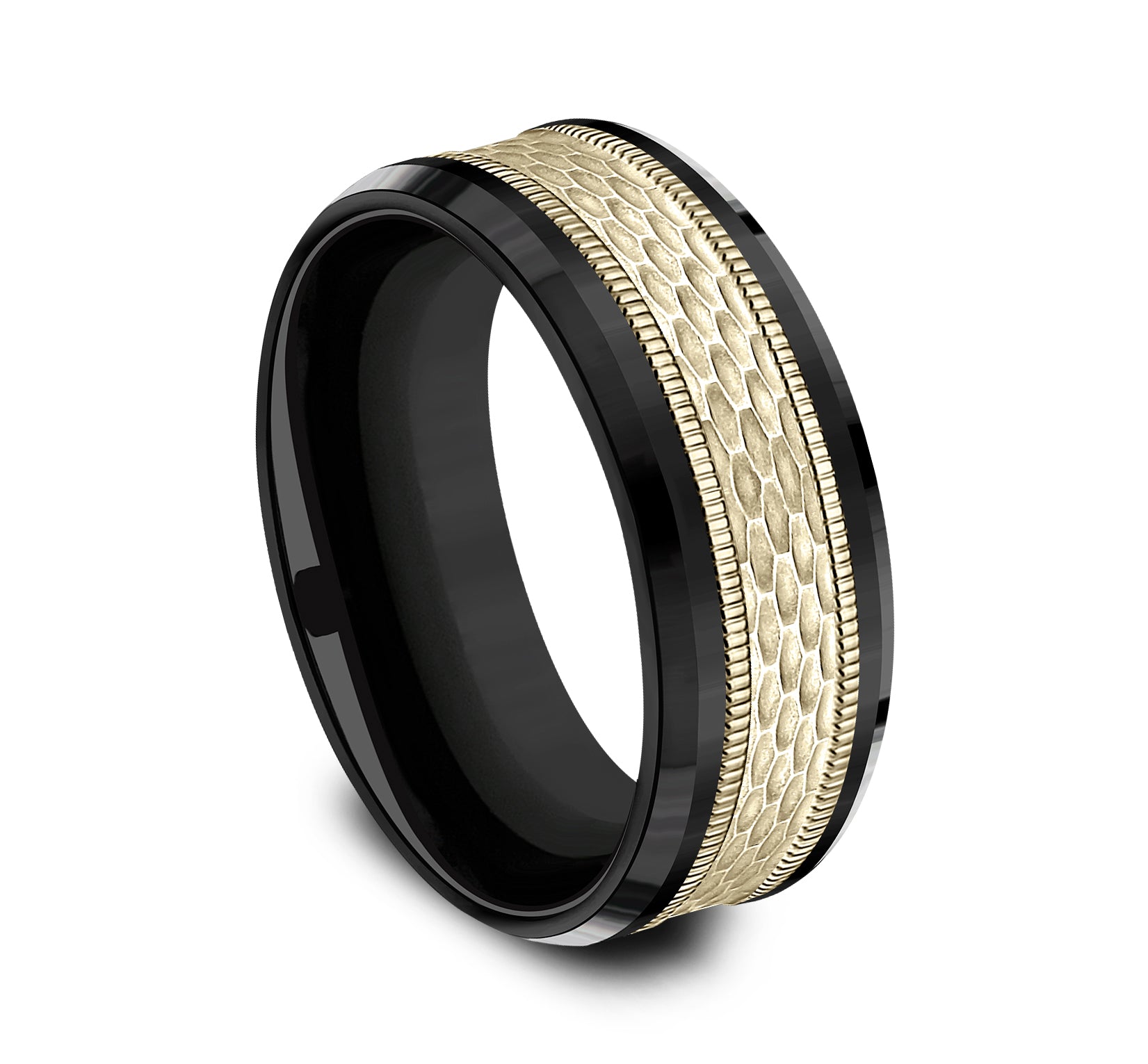 THE ATHLETE 8mm, Comfort fit, Black Titanium and 14K Yellow Gold, Mesh pattern with milgrain detail, polished bevel edges