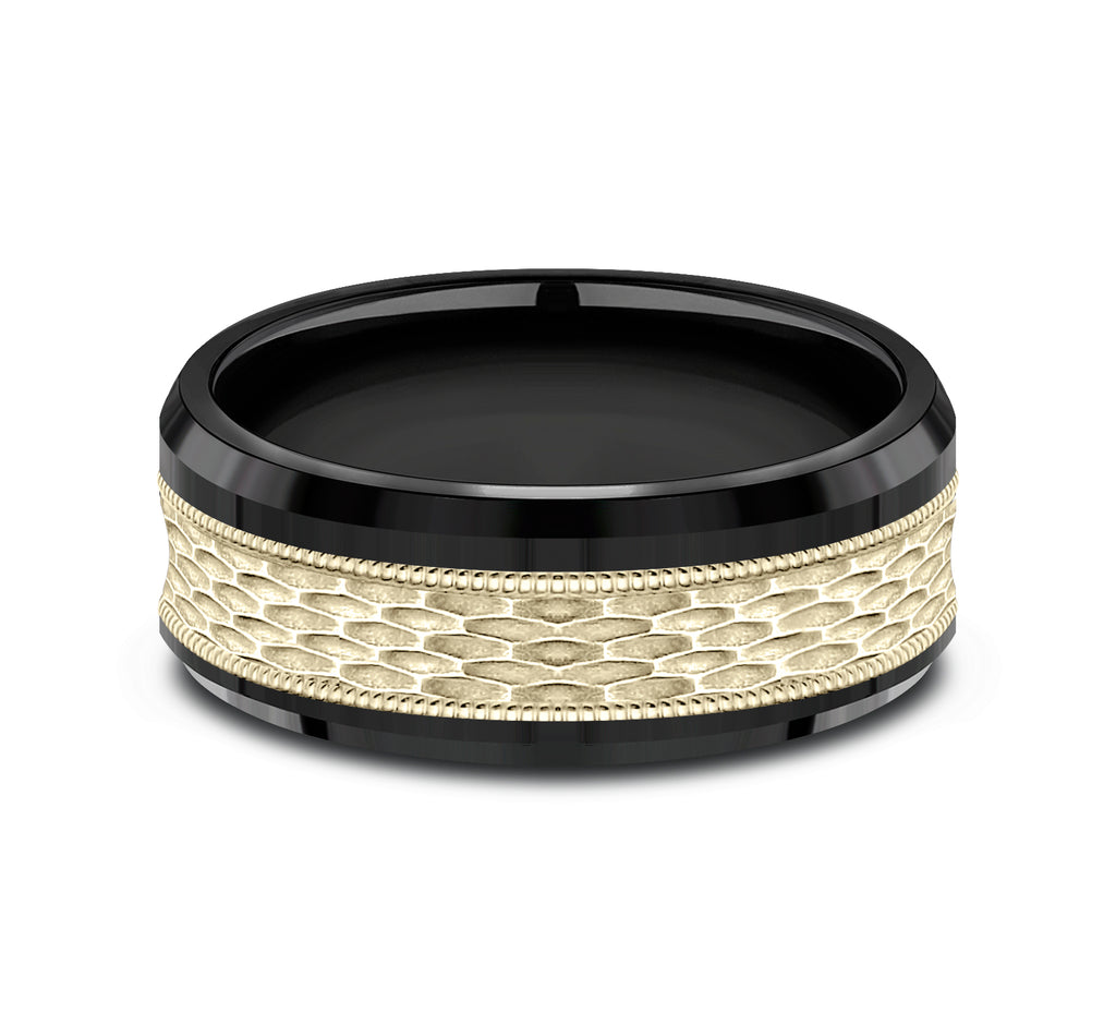 THE ATHLETE 8mm, Comfort fit, Black Titanium and 14K Yellow Gold, Mesh pattern with milgrain detail, polished bevel edges