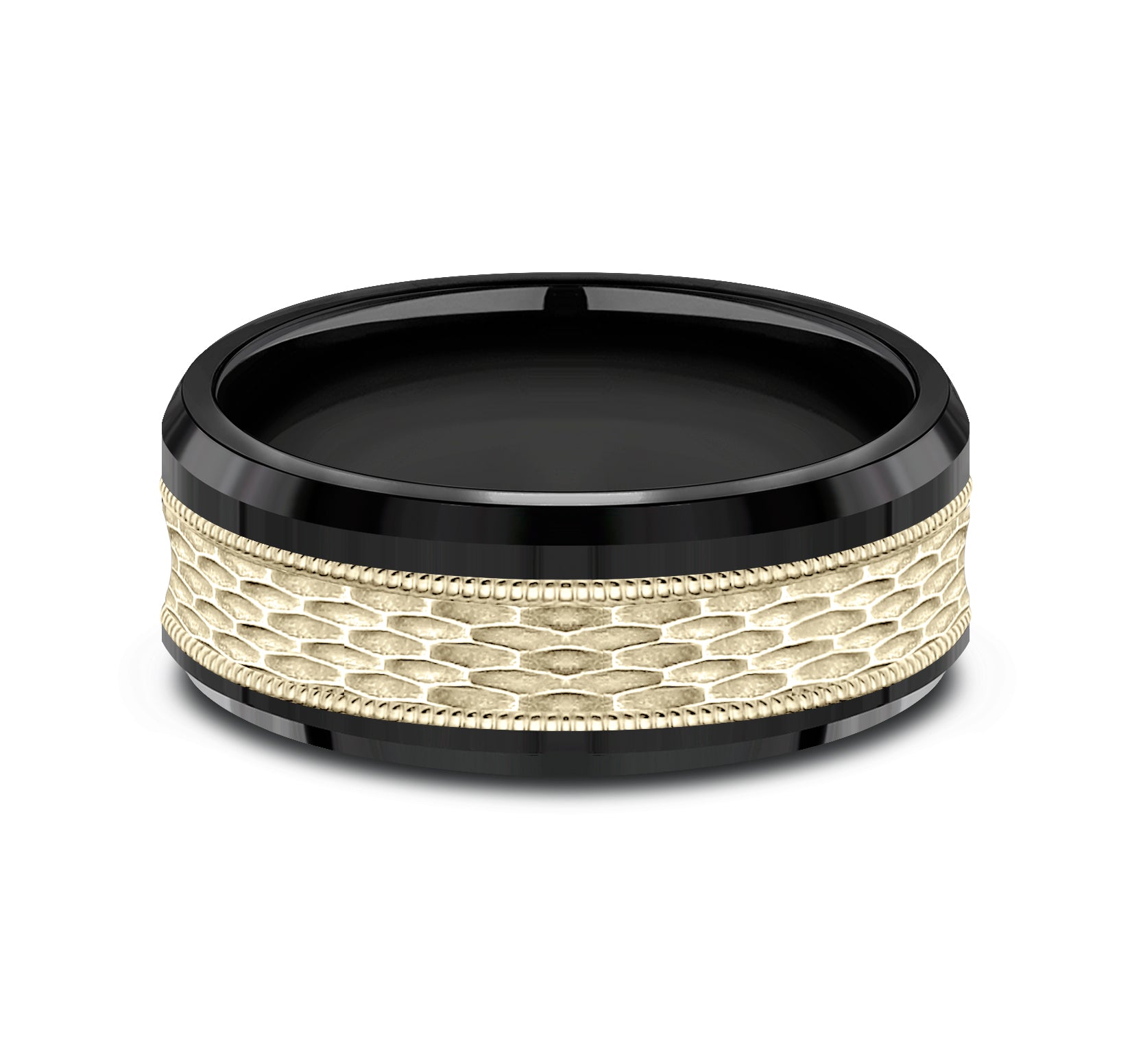 THE ATHLETE 8mm, Comfort fit, Black Titanium and 14K Yellow Gold, Mesh pattern with milgrain detail, polished bevel edges