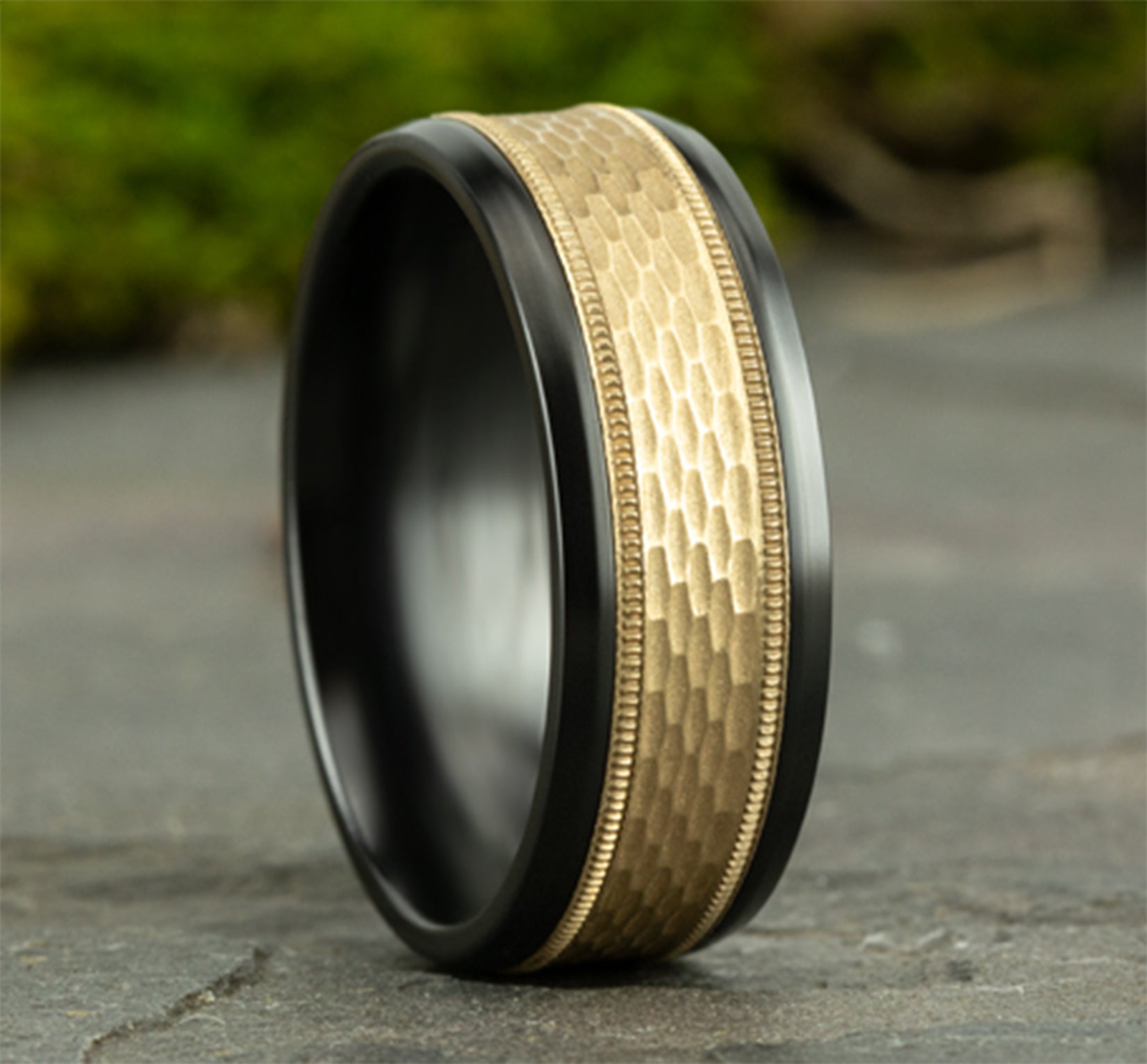 THE ATHLETE 8mm, Comfort fit, Black Titanium and 14K Yellow Gold, Mesh pattern with milgrain detail, polished bevel edges