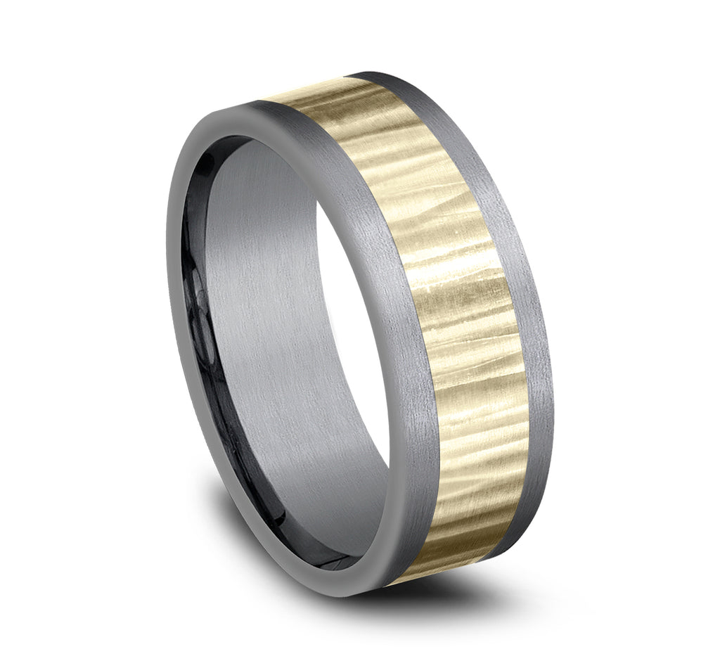 THE EXCAVATOR 8mm, Comfort fit, Grey Tantalum and 14K Yellow Gold, Vertical hammered finish, straight edges