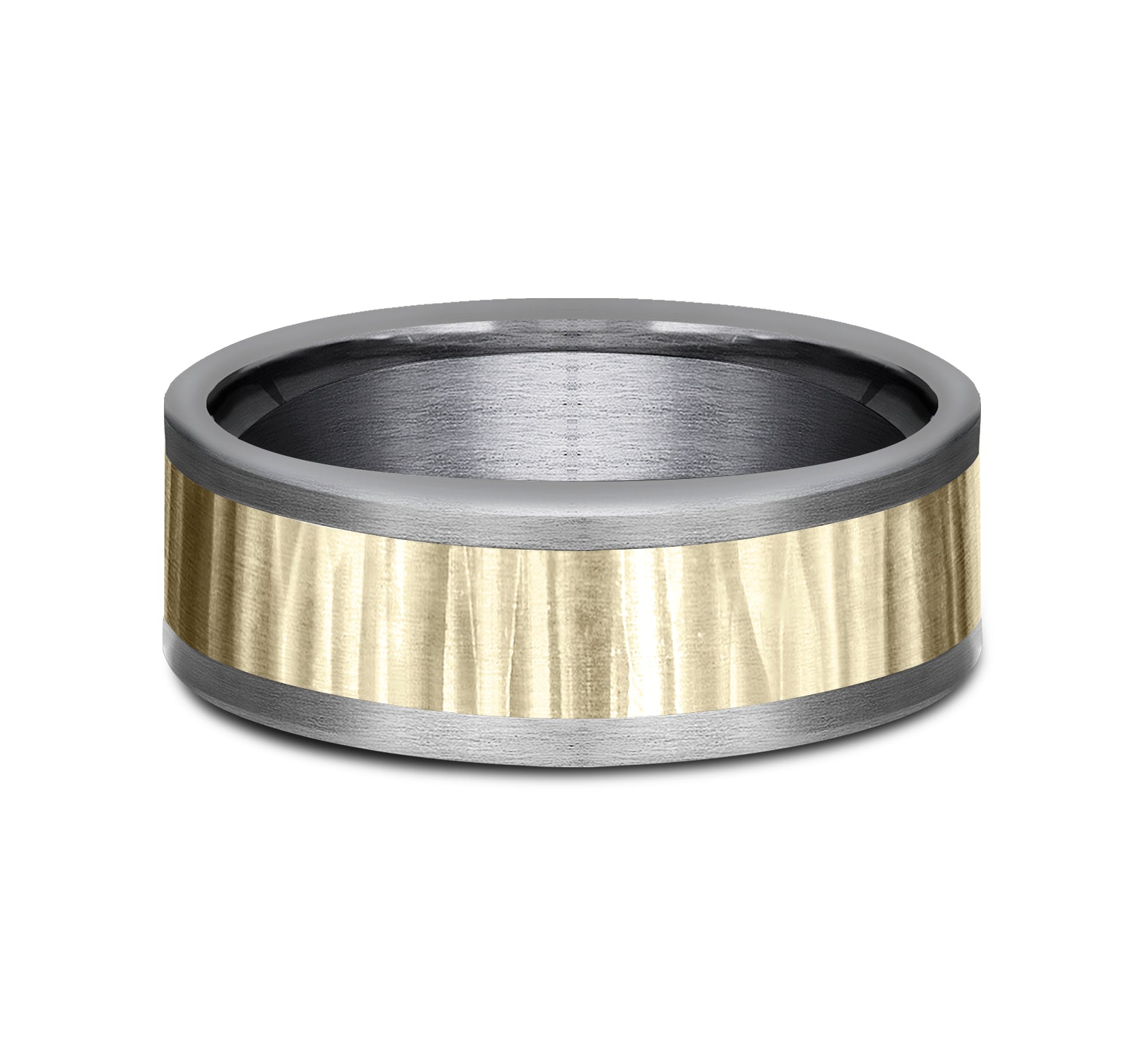 THE EXCAVATOR 8mm, Comfort fit, Grey Tantalum and 14K Yellow Gold, Vertical hammered finish, straight edges