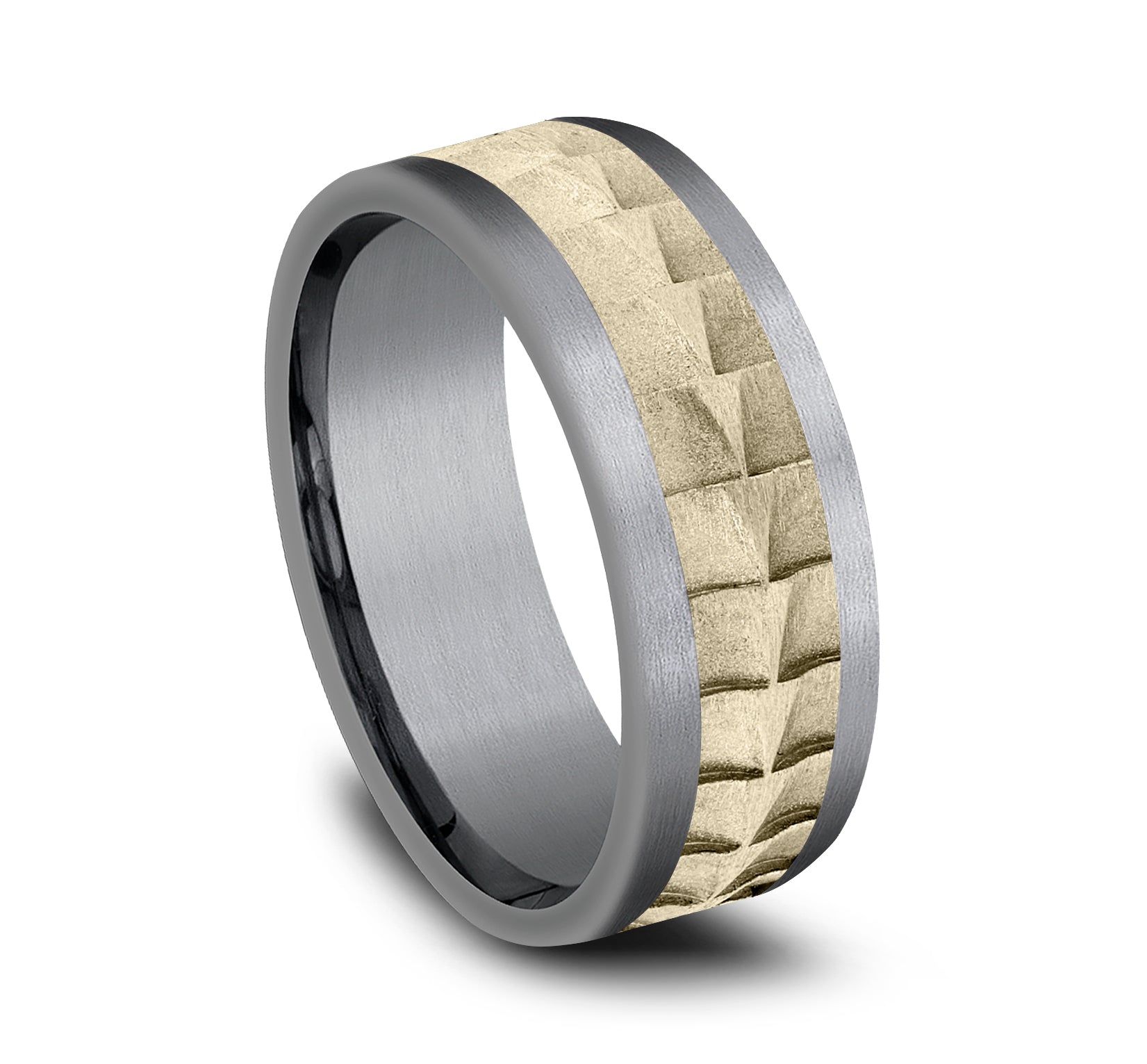 THE DUNDEE 8mm, Comfort fit, Grey Tantalum and 14K Yellow Gold, Crocodile skin patterned center