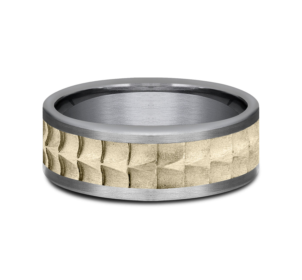 THE DUNDEE 8mm, Comfort fit, Grey Tantalum and 14K Yellow Gold, Crocodile skin patterned center