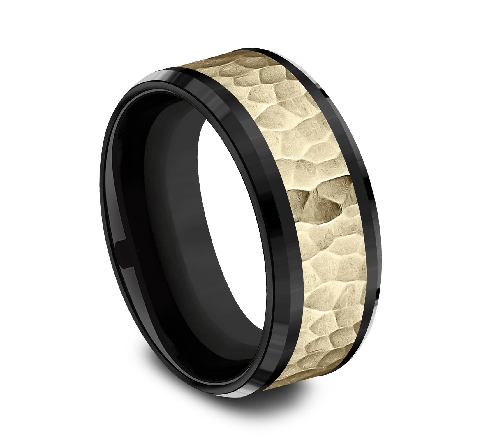 THE TURNER 9mm, Comfort fit, Black Titanium and 14K Yellow Gold, Hammered center, polished bevel edges