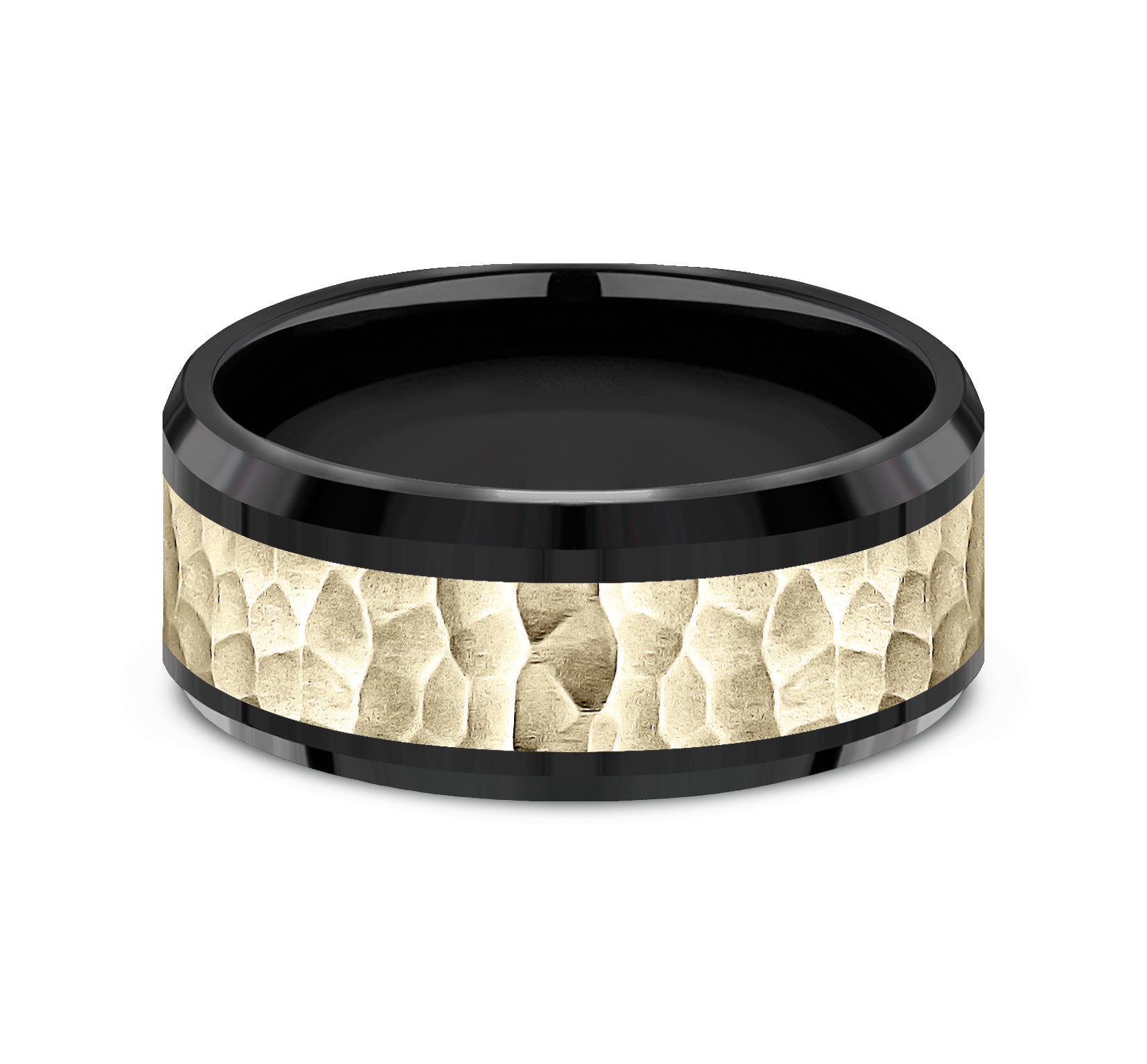 THE TURNER 9mm, Comfort fit, Black Titanium and 14K Yellow Gold, Hammered center, polished bevel edges