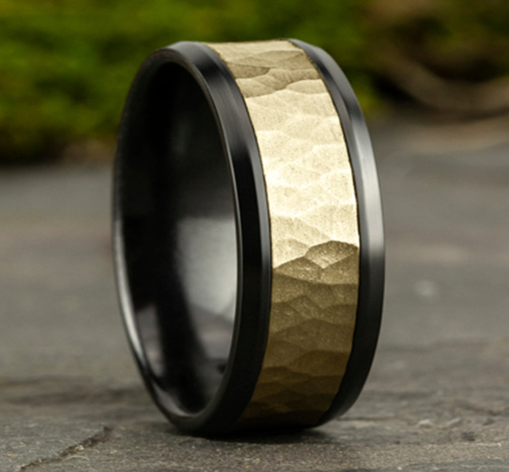 THE TURNER 9mm, Comfort fit, Black Titanium and 14K Yellow Gold, Hammered center, polished bevel edges