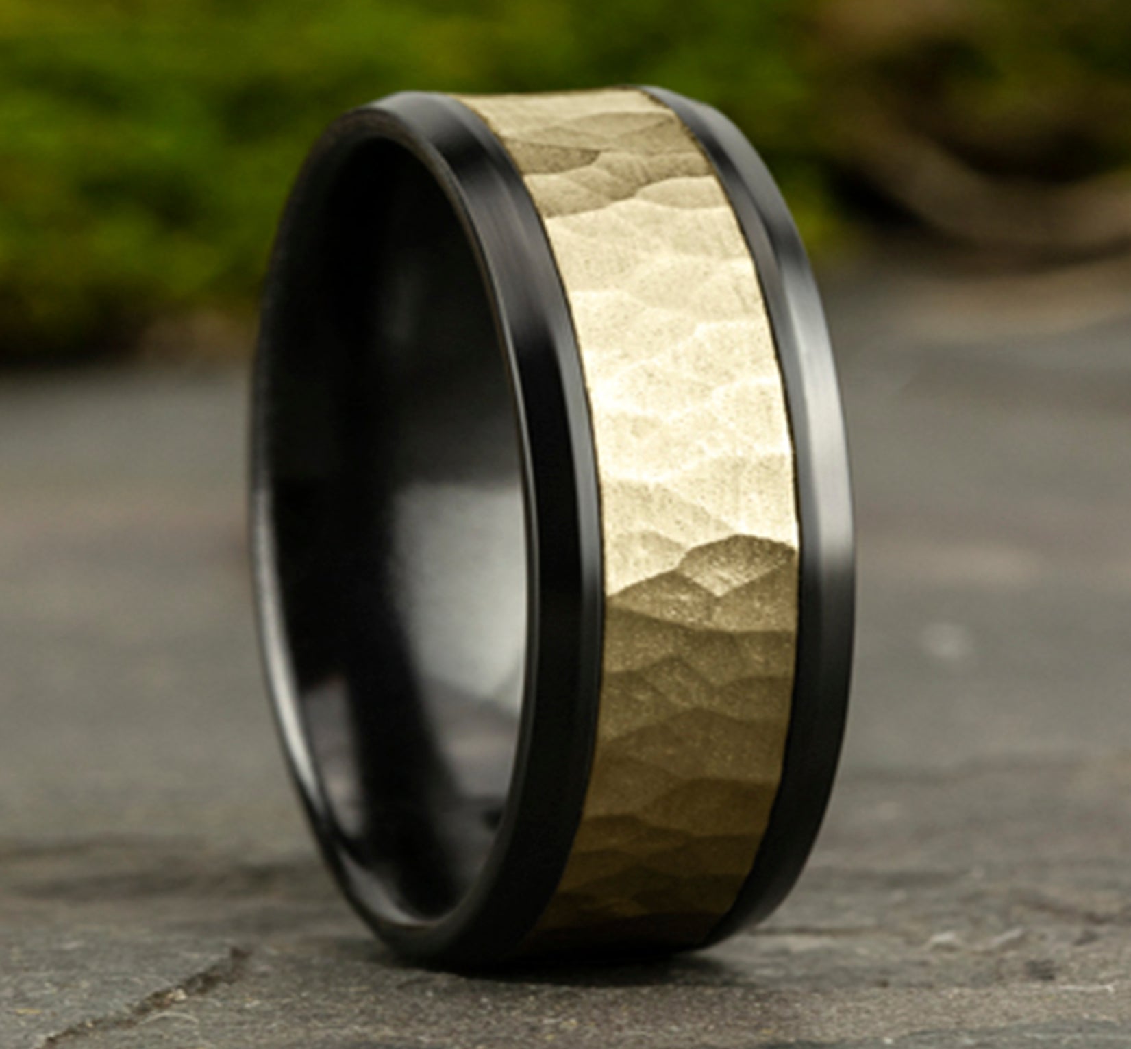 THE TURNER 9mm, Comfort fit, Black Titanium and 14K Yellow Gold, Hammered center, polished bevel edges