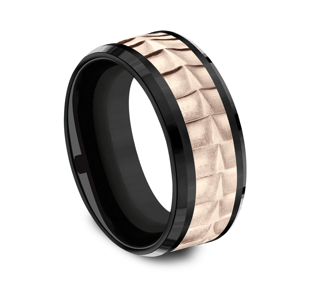 THE DUNDEE 9mm, Comfort fit, Black Titanium and 14K Rose Gold, Crocodile skin patterned center, polished bevel edges
