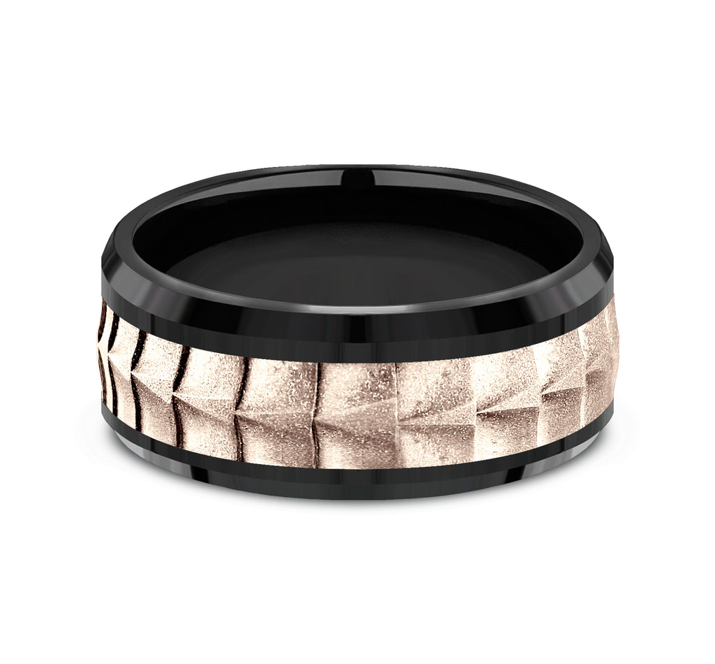 THE DUNDEE 9mm, Comfort fit, Black Titanium and 14K Rose Gold, Crocodile skin patterned center, polished bevel edges