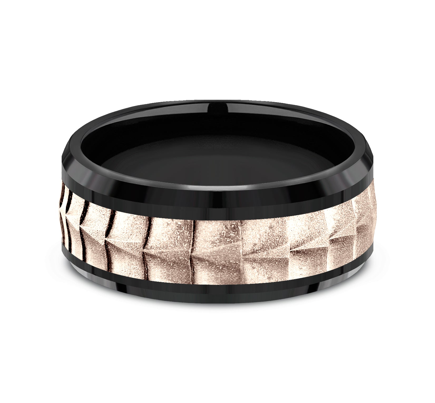 THE DUNDEE 9mm, Comfort fit, Black Titanium and 14K Rose Gold, Crocodile skin patterned center, polished bevel edges