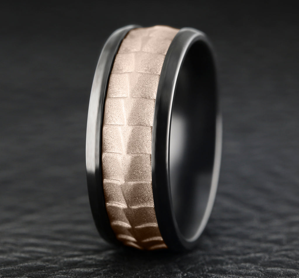 THE DUNDEE 9mm, Comfort fit, Black Titanium and 14K Rose Gold, Crocodile skin patterned center, polished bevel edges