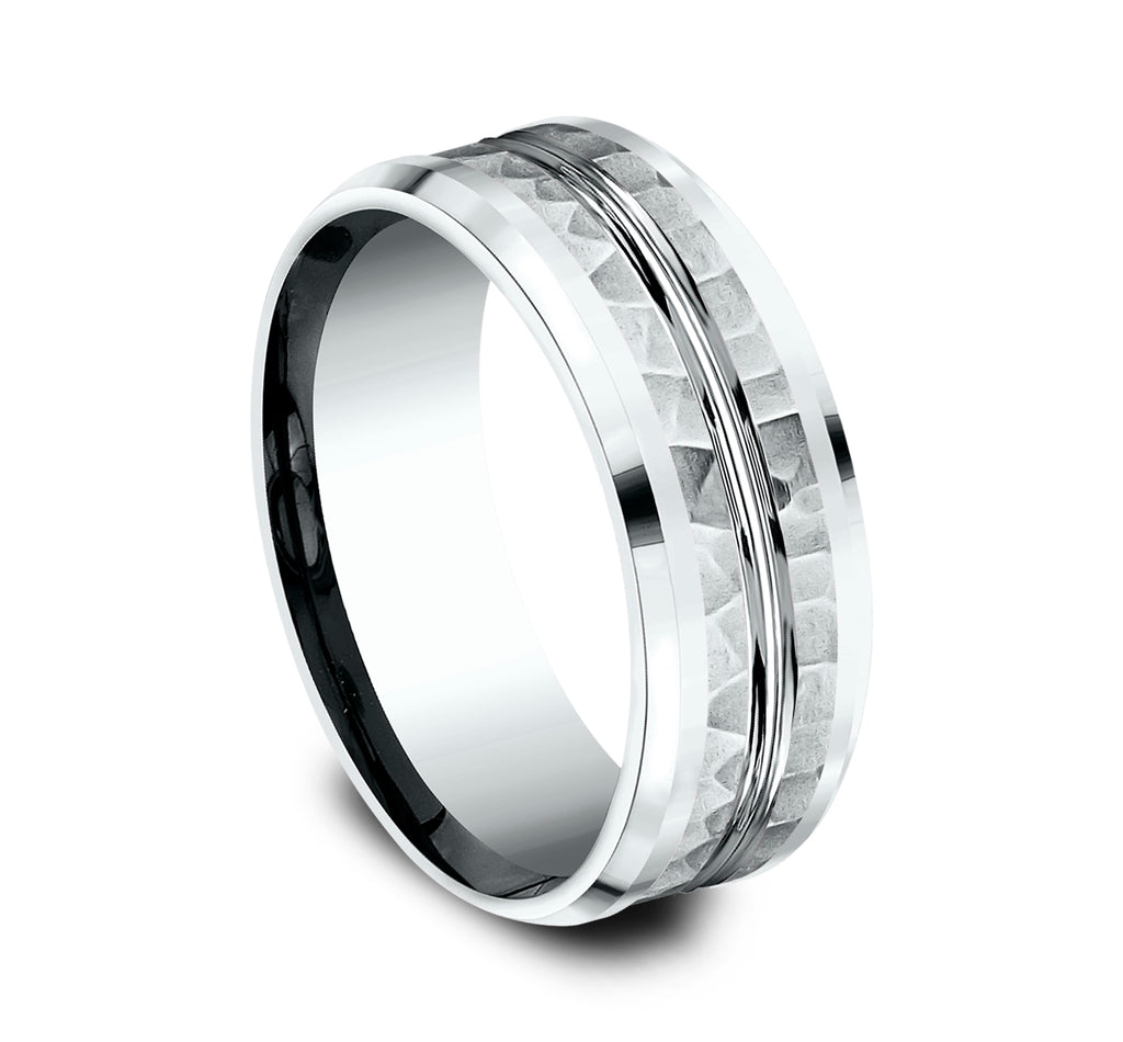 THE RIDLEY 8mm, Comfort fit, 14K White Gold, Hammered finish, polished center cut and drop bevel edges