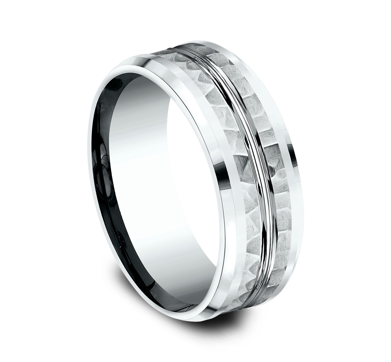 THE RIDLEY 8mm, Comfort fit, 14K White Gold, Hammered finish, polished center cut and drop bevel edges