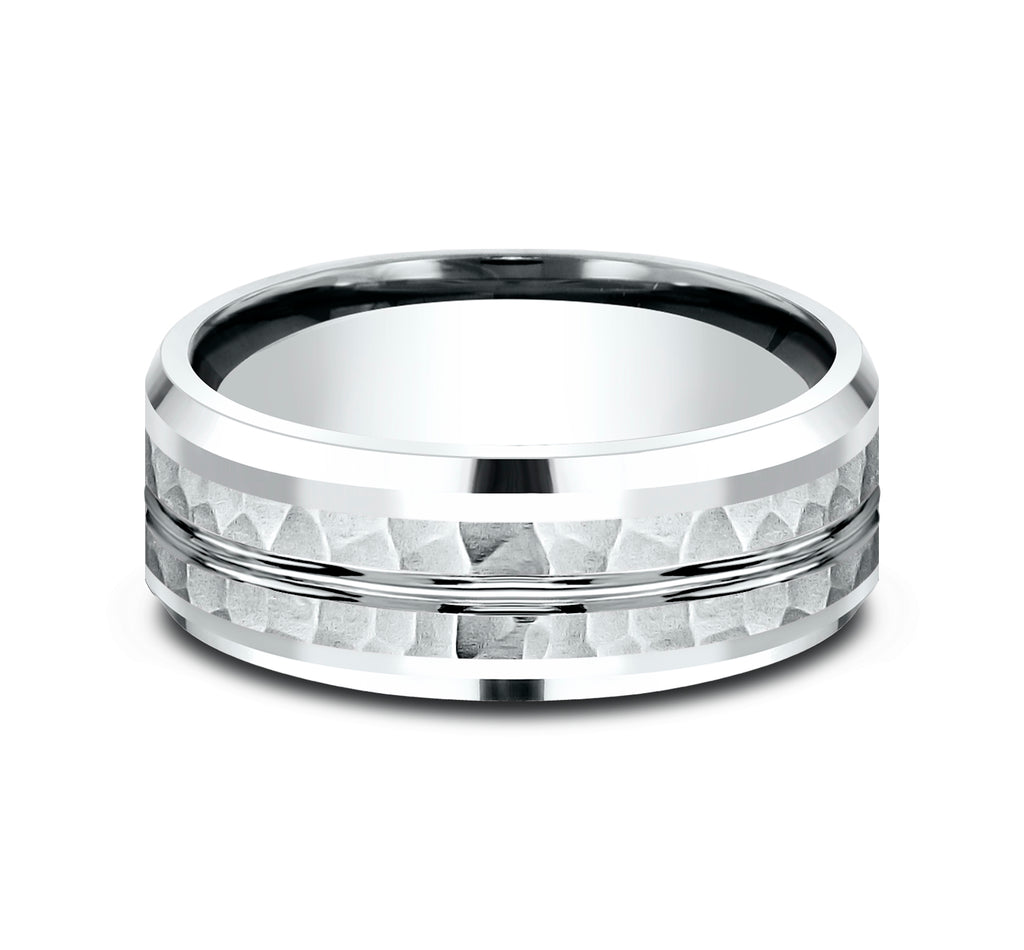 THE RIDLEY 8mm, Comfort fit, 14K White Gold, Hammered finish, polished center cut and drop bevel edges