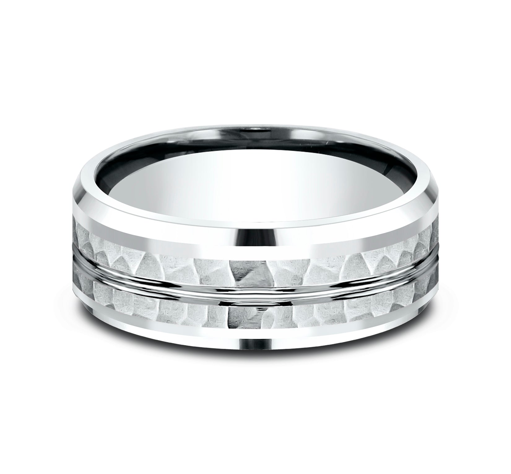 THE RIDLEY 8mm, Comfort fit, 14K White Gold, Hammered finish, polished center cut and drop bevel edges