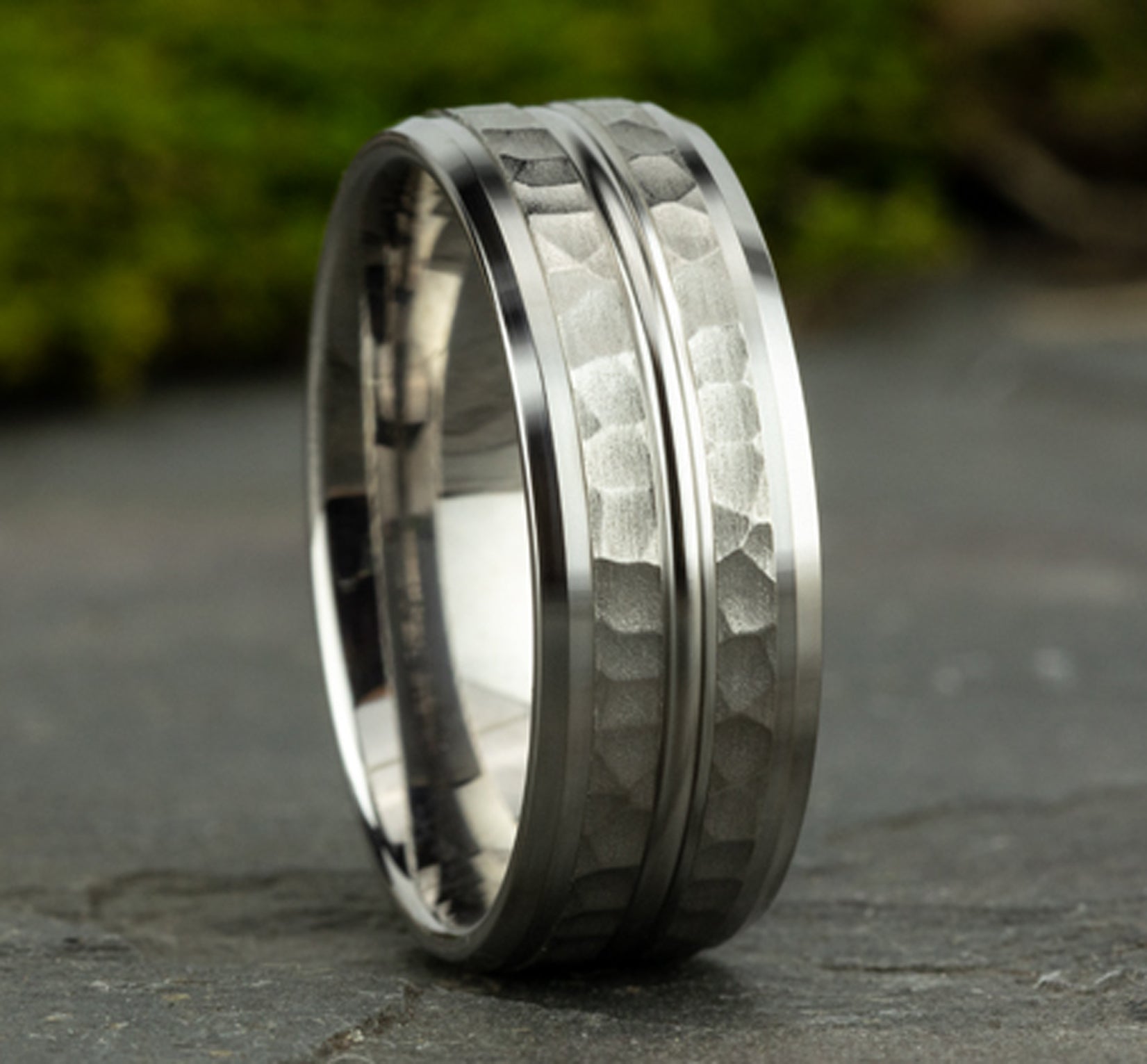 THE RIDLEY 8mm, Comfort fit, 14K White Gold, Hammered finish, polished center cut and drop bevel edges