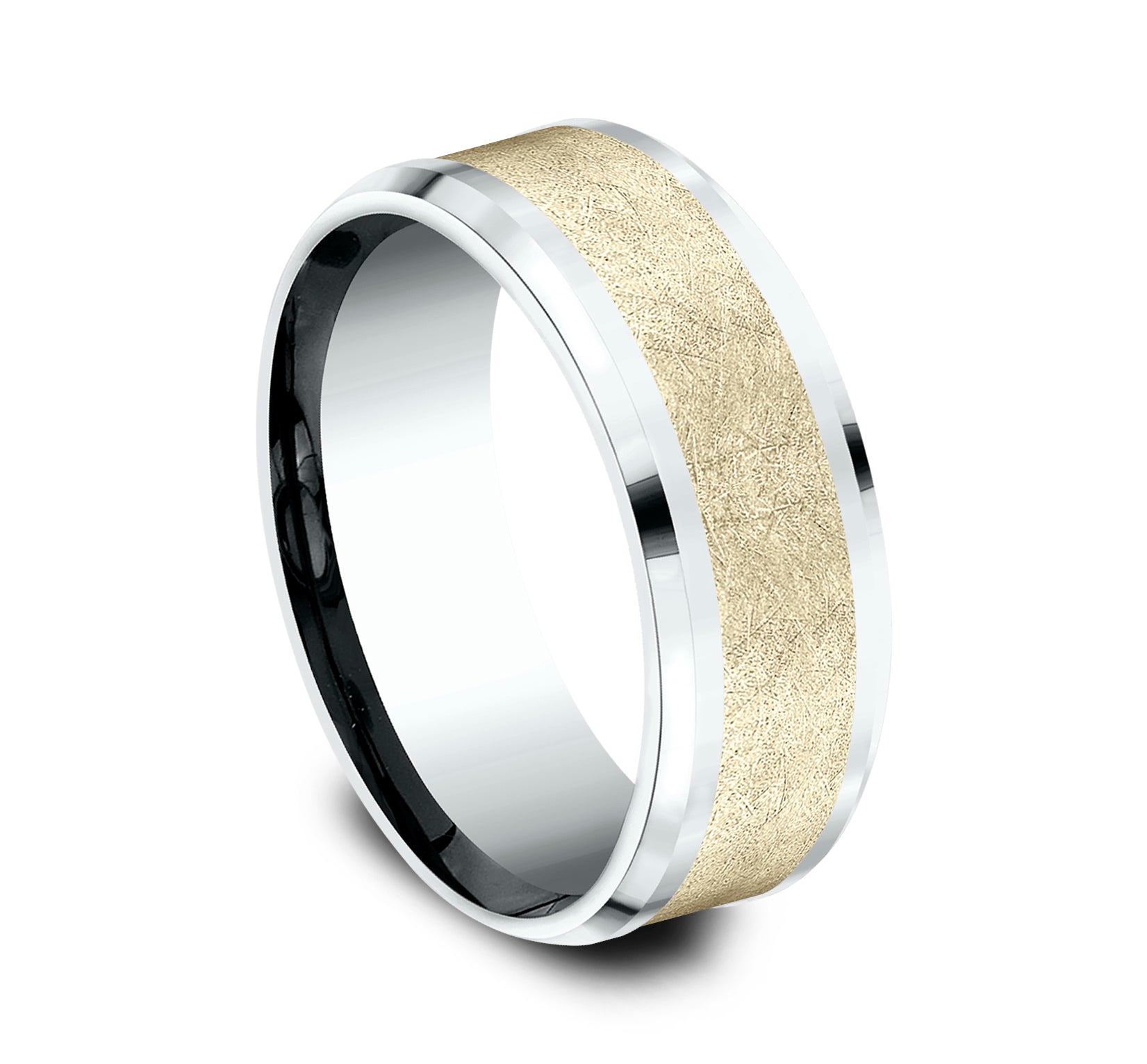 THE KNIGHT 8mm, Comfort fit, 14K White and Yellow Gold , Swirl center, polished drop bevel edges