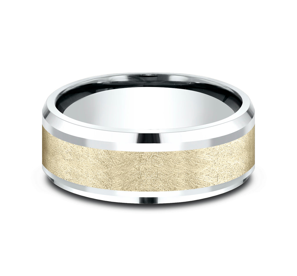 THE KNIGHT 8mm, Comfort fit, 14K White and Yellow Gold , Swirl center, polished drop bevel edges
