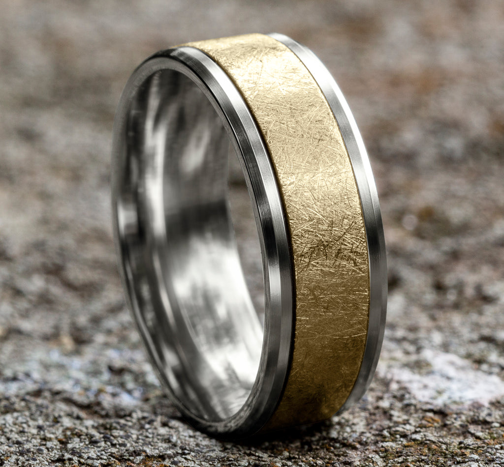 THE KNIGHT 8mm, Comfort fit, 14K White and Yellow Gold , Swirl center, polished drop bevel edges