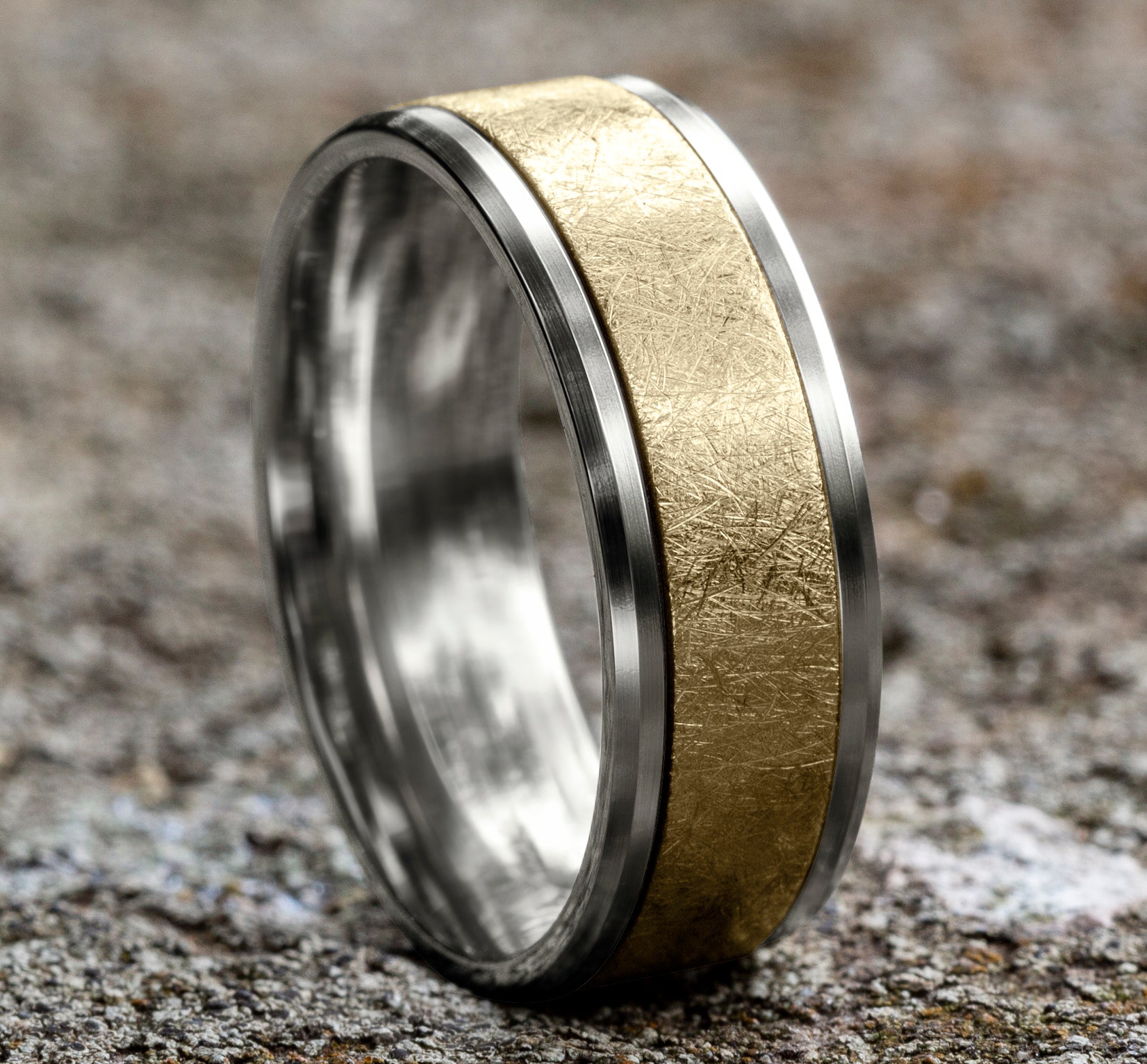 THE KNIGHT 8mm, Comfort fit, 14K White and Yellow Gold , Swirl center, polished drop bevel edges