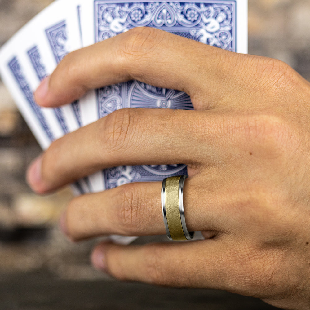 THE KNIGHT 8mm, Comfort fit, 14K White and Yellow Gold , Swirl center, polished drop bevel edges