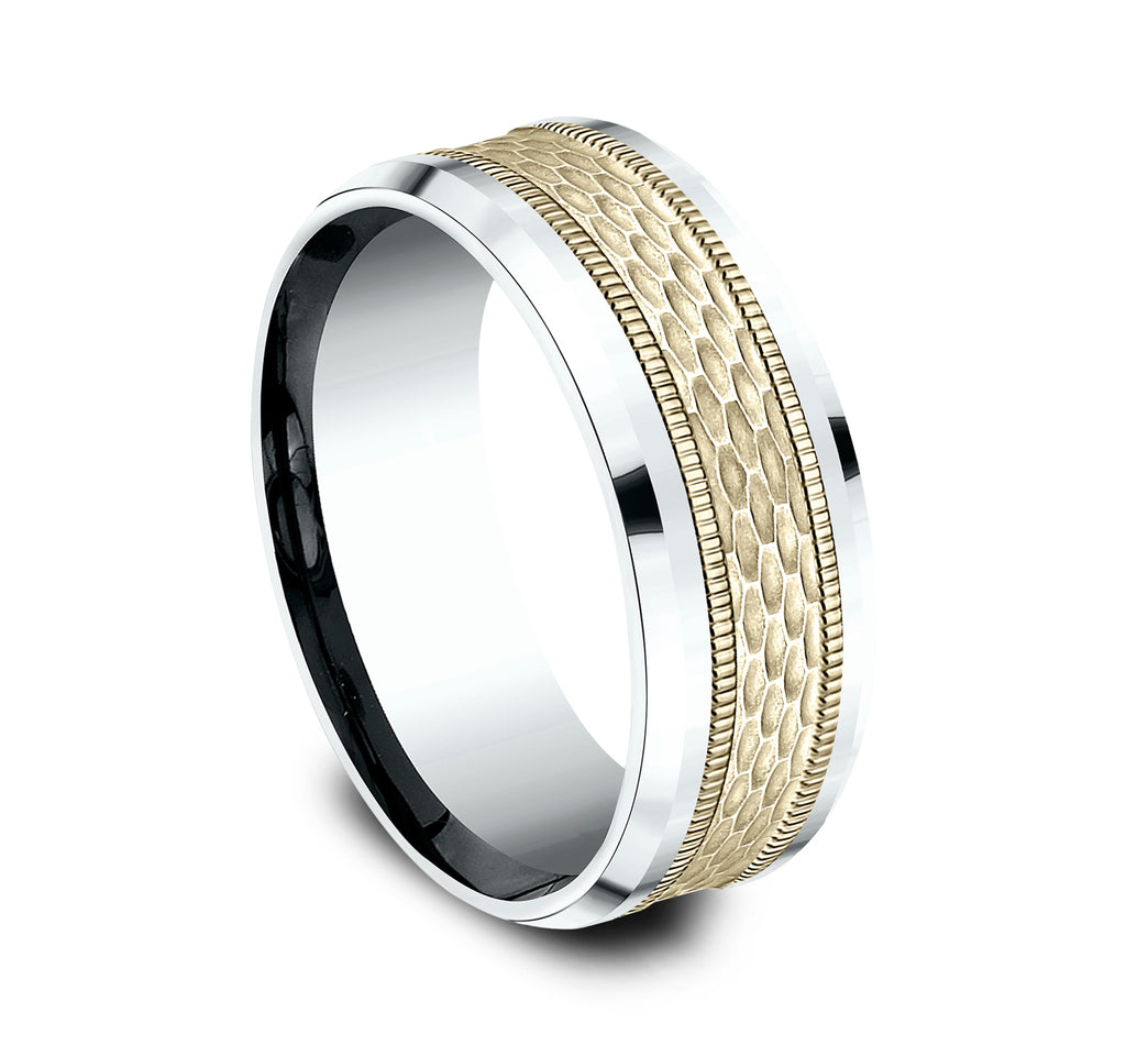 THE ATHLETE 8mm, Comfort fit, 14K White and Yellow Gold, Mesh pattern with milgrain detail, polished bevel edges