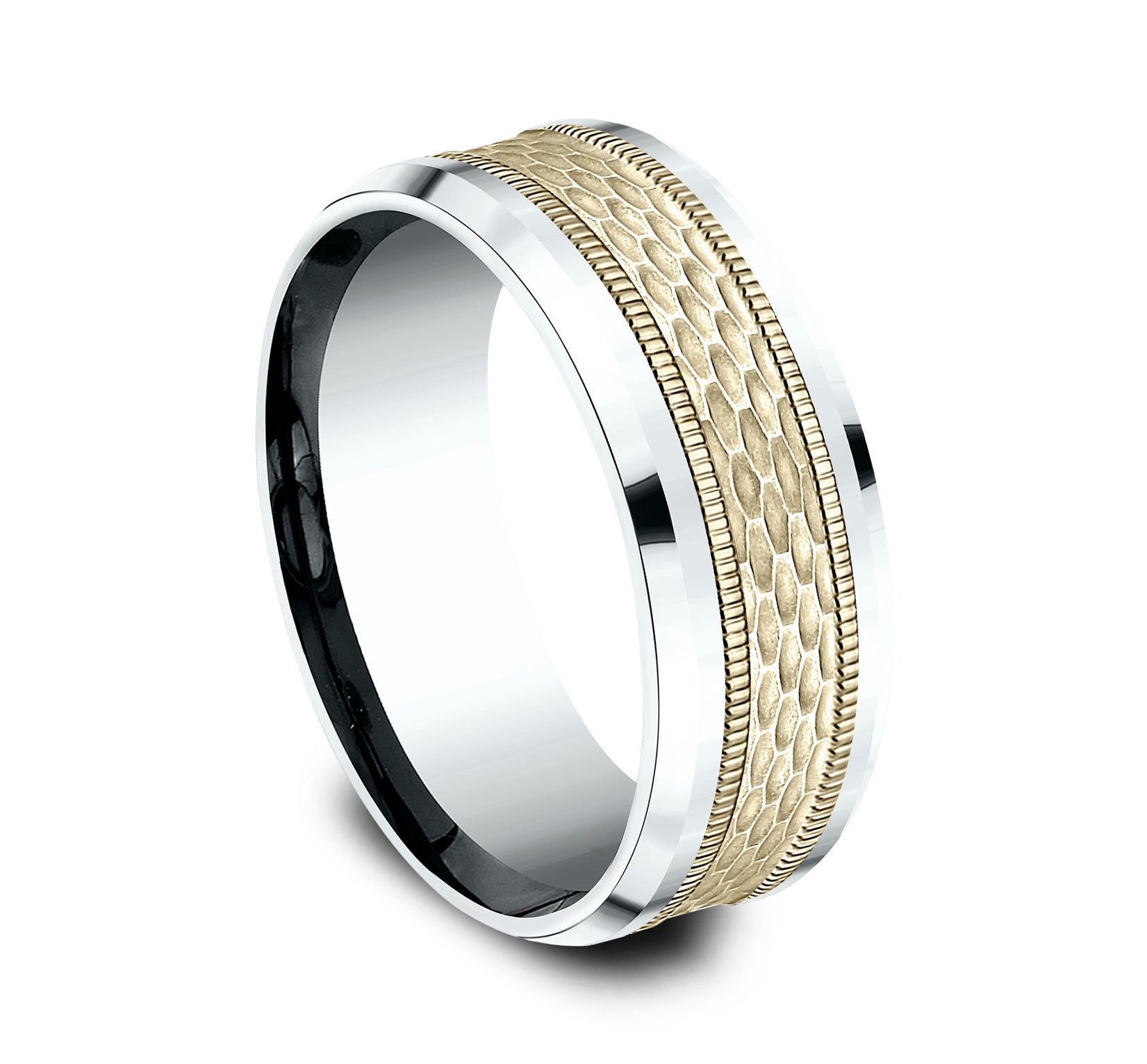 THE ATHLETE 8mm, Comfort fit, 14K White and Yellow Gold, Mesh pattern with milgrain detail, polished bevel edges