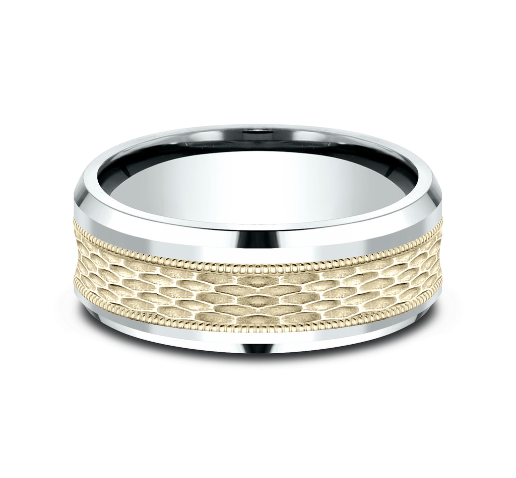 THE ATHLETE 8mm, Comfort fit, 14K White and Yellow Gold, Mesh pattern with milgrain detail, polished bevel edges
