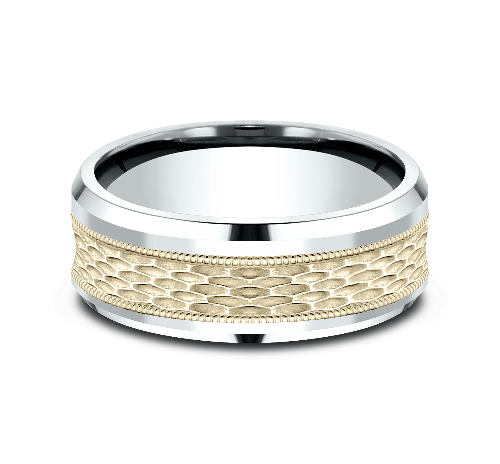 THE ATHLETE 8mm, Comfort fit, 14K White and Yellow Gold, Mesh pattern with milgrain detail, polished bevel edges