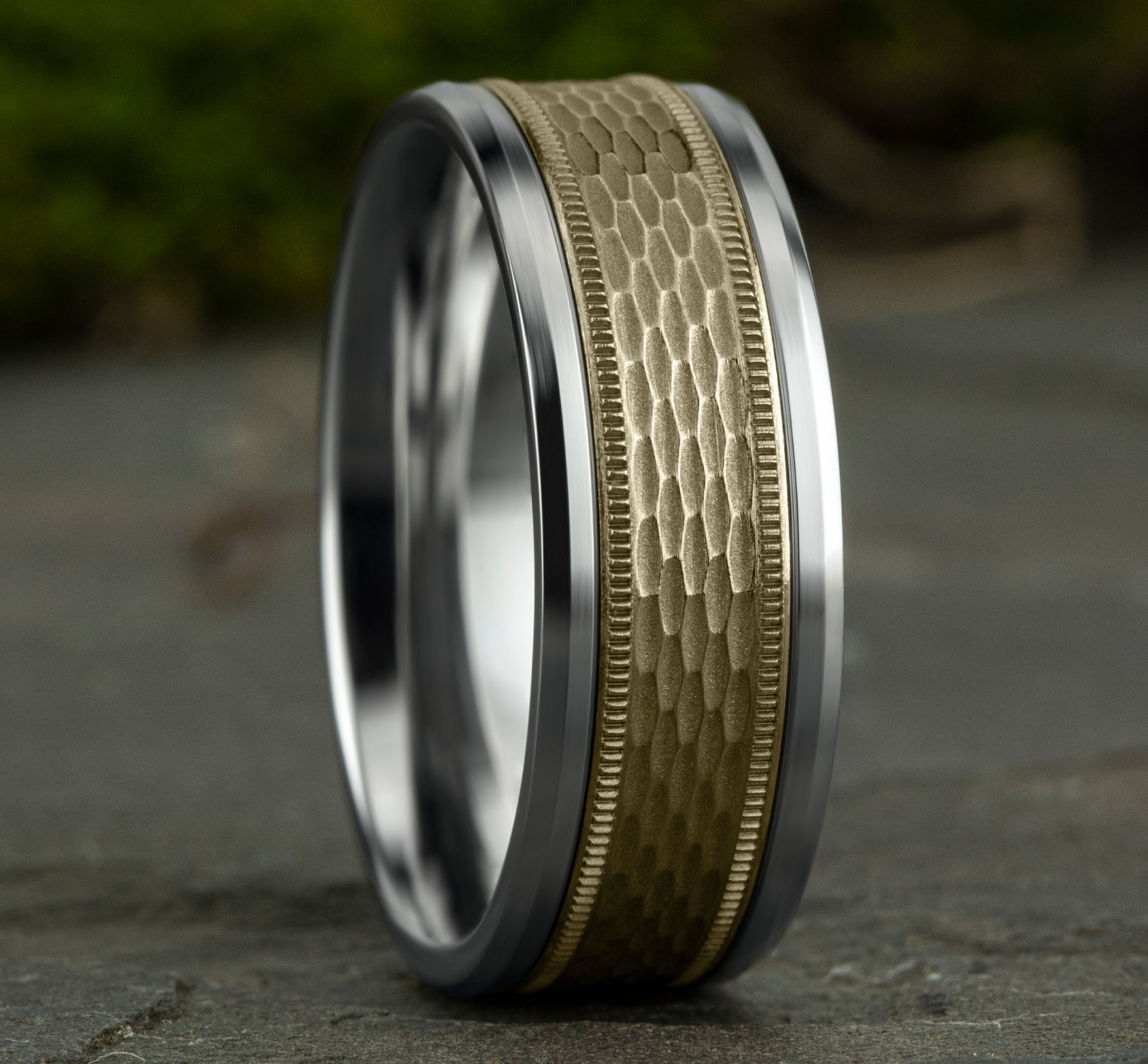 THE ATHLETE 8mm, Comfort fit, 14K White and Yellow Gold, Mesh pattern with milgrain detail, polished bevel edges