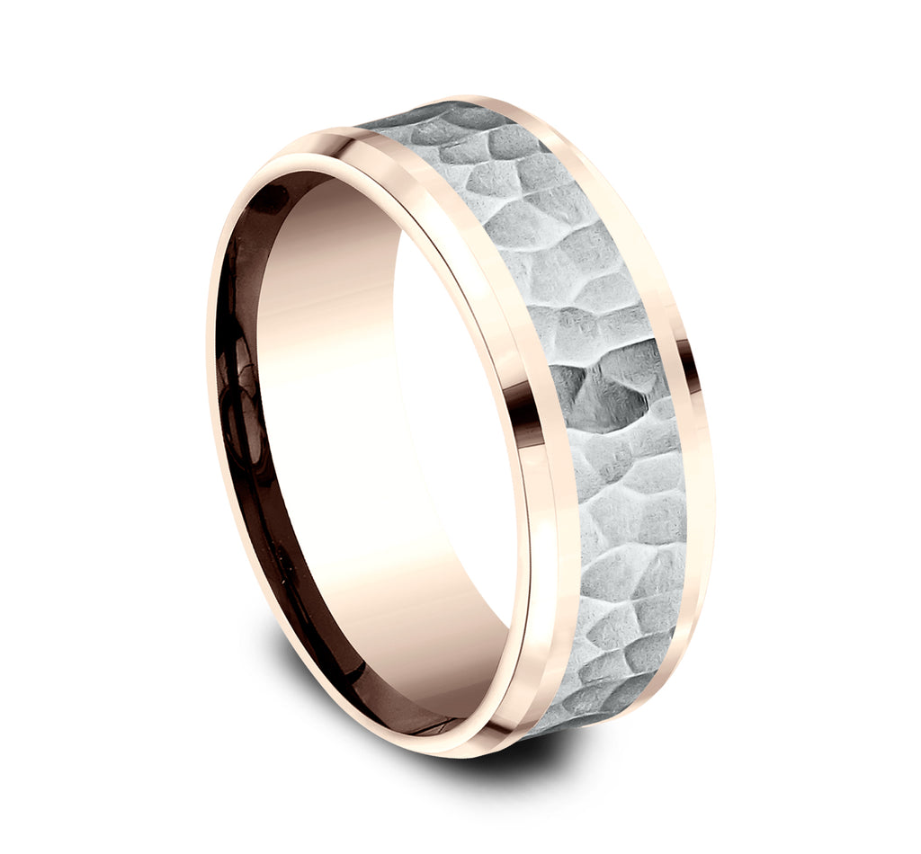THE TURNER 8mm, Comfort fit, 14K Rose and White Gold, Hammered center, polished bevel edges