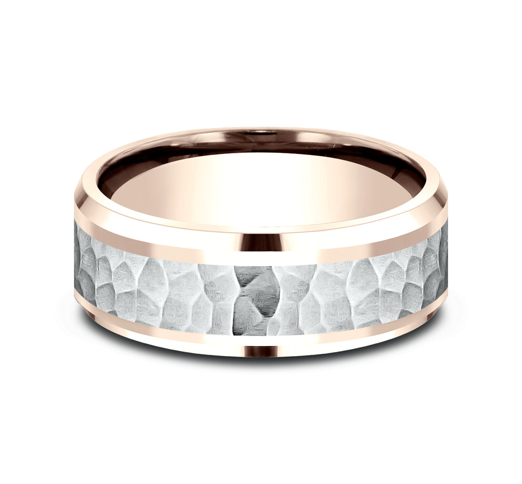 THE TURNER 8mm, Comfort fit, 14K Rose and White Gold, Hammered center, polished bevel edges