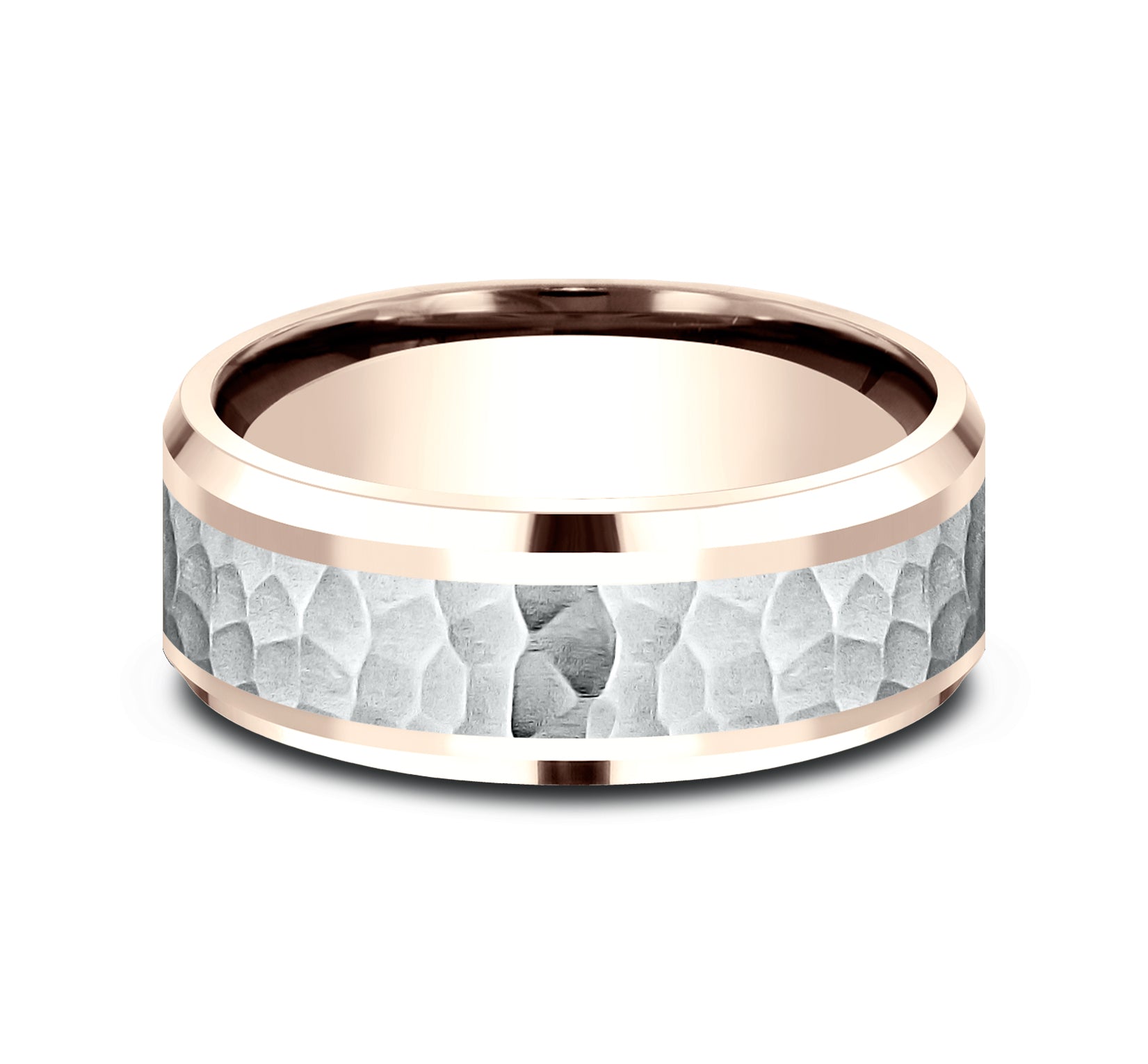 THE TURNER 8mm, Comfort fit, 14K Rose and White Gold, Hammered center, polished bevel edges
