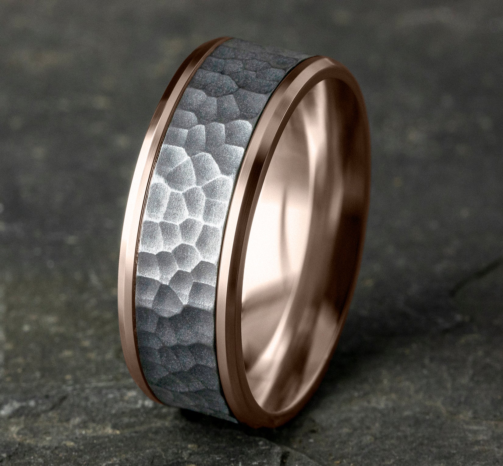 THE TURNER 8mm, Comfort fit, 14K Rose and White Gold, Hammered center, polished bevel edges