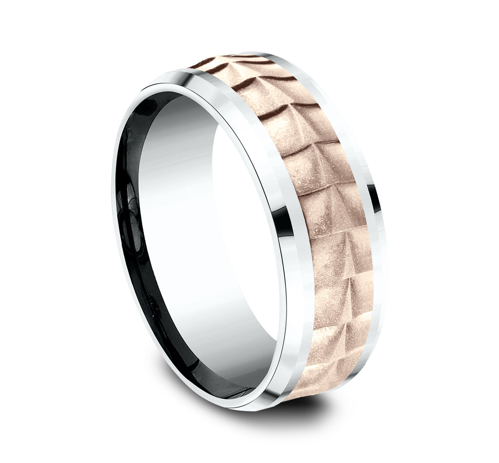 THE DUNDEE 8mm, Comfort fit, 14K White and Rose Gold, Crocodile skin patterned center, polished bevel edges