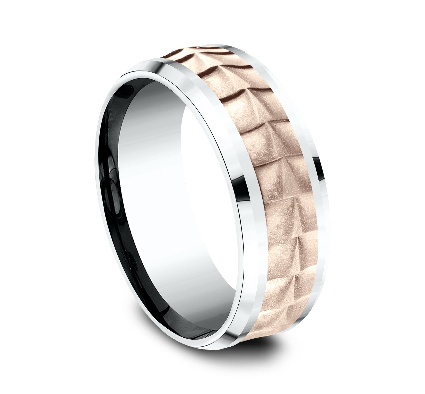 THE DUNDEE 8mm, Comfort fit, 14K White and Rose Gold, Crocodile skin patterned center, polished bevel edges