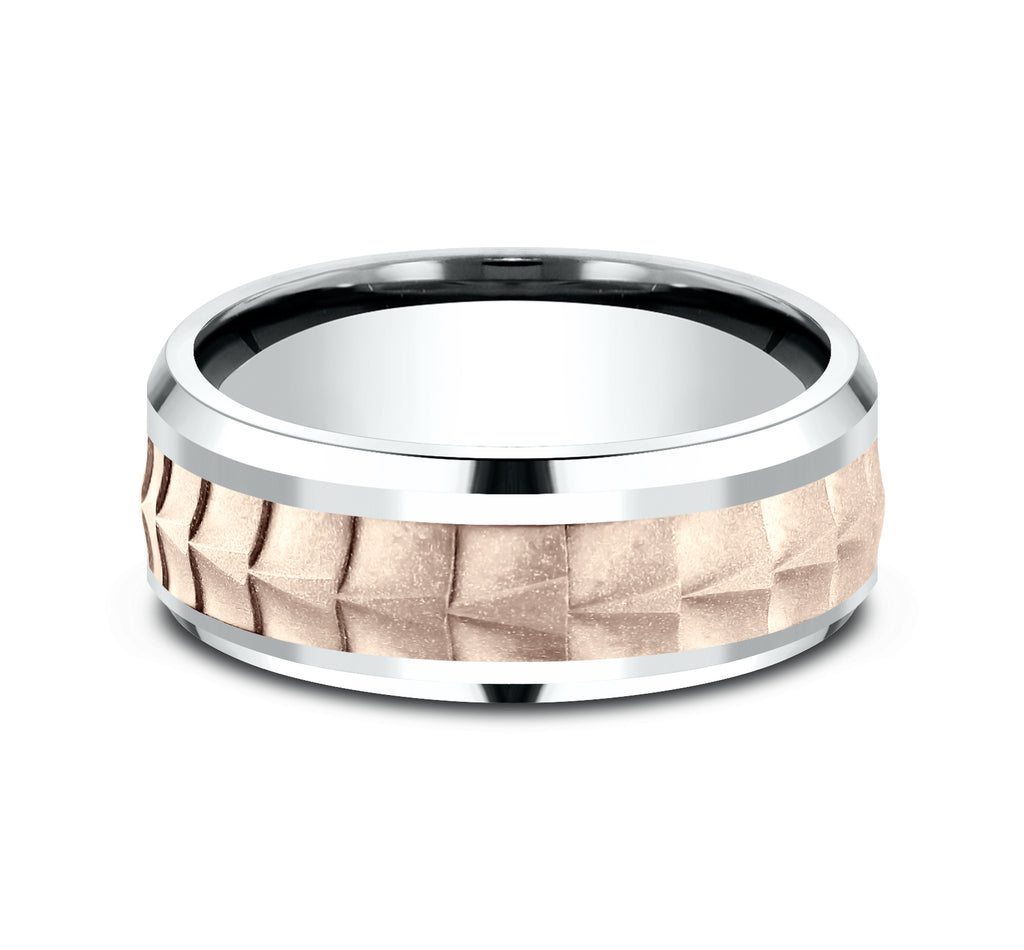 THE DUNDEE 8mm, Comfort fit, 14K White and Rose Gold, Crocodile skin patterned center, polished bevel edges