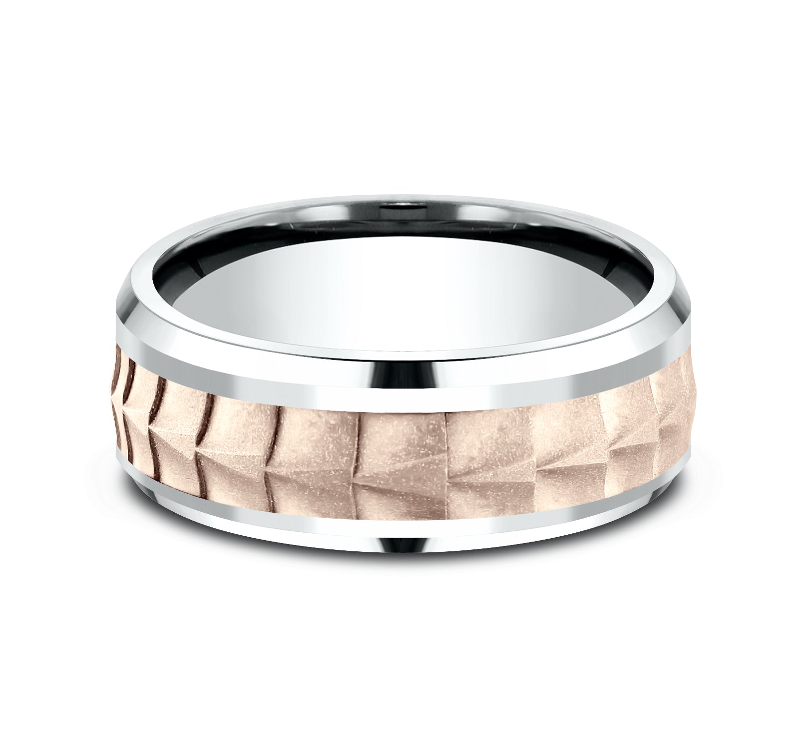 THE DUNDEE 8mm, Comfort fit, 14K White and Rose Gold, Crocodile skin patterned center, polished bevel edges