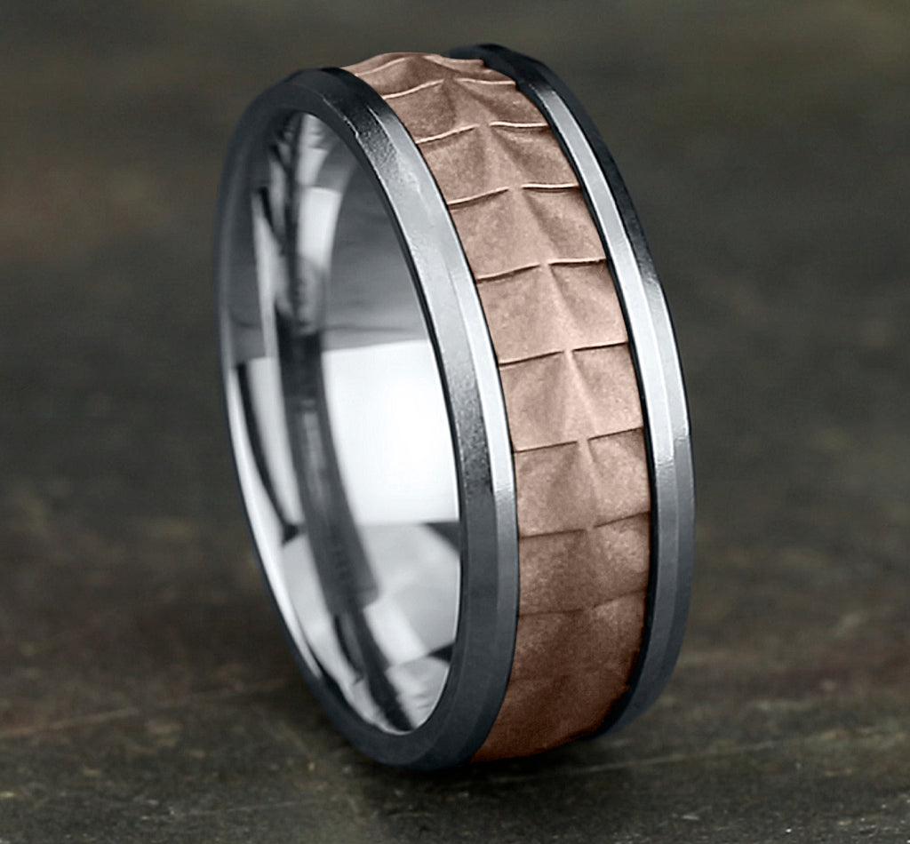 THE DUNDEE 8mm, Comfort fit, 14K White and Rose Gold, Crocodile skin patterned center, polished bevel edges