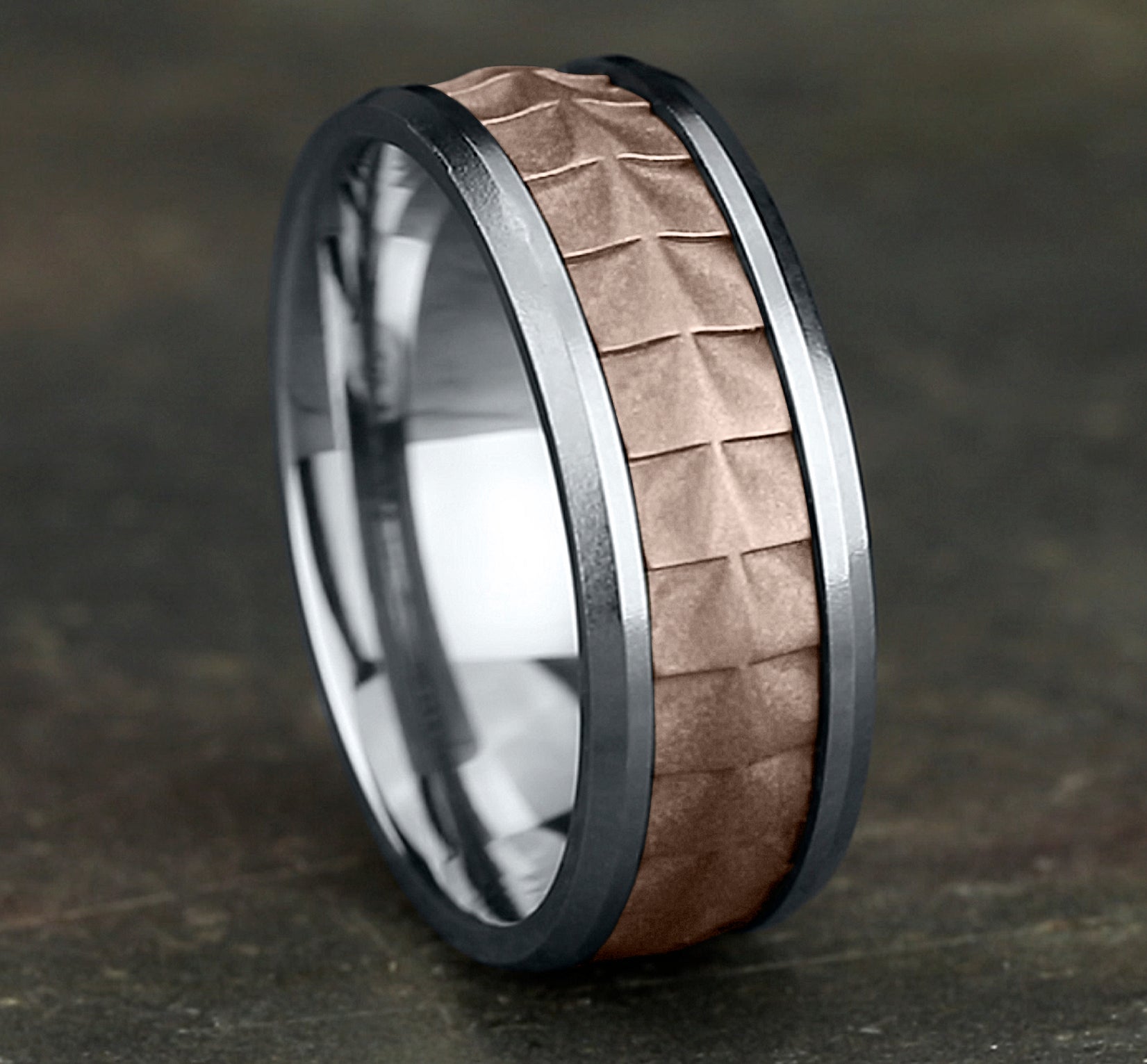 THE DUNDEE 8mm, Comfort fit, 14K White and Rose Gold, Crocodile skin patterned center, polished bevel edges