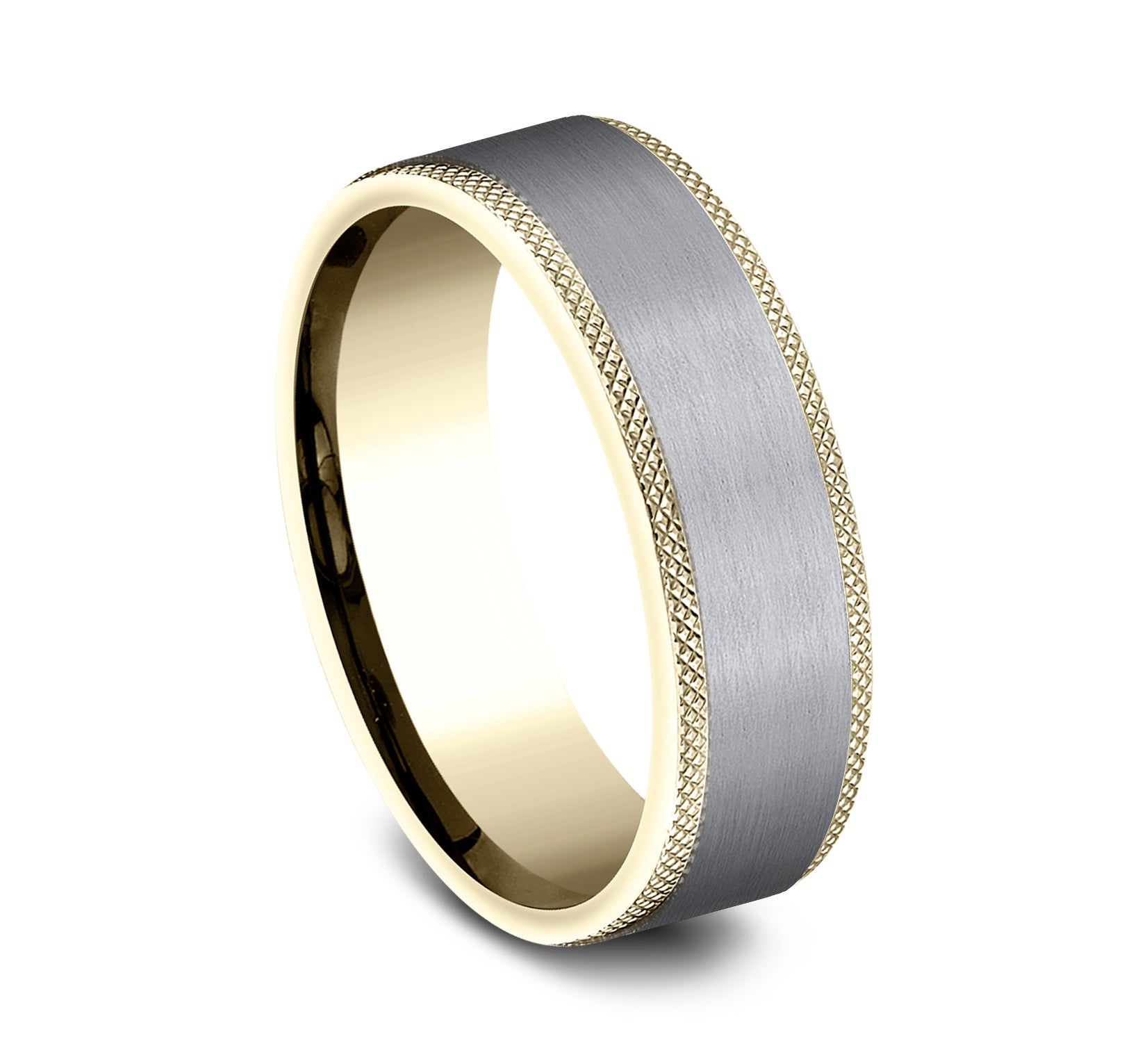 THE ROGUE 7mm, Comfort fit, 14K Yellow Gold and Grey Tantalum, Satin finish center, knurl detailed edge