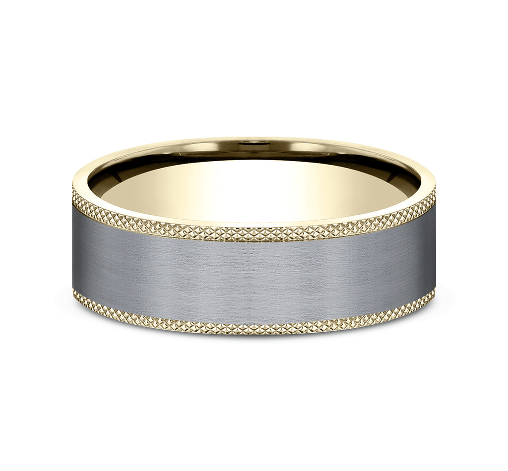 THE ROGUE 7mm, Comfort fit, 14K Yellow Gold and Grey Tantalum, Satin finish center, knurl detailed edge