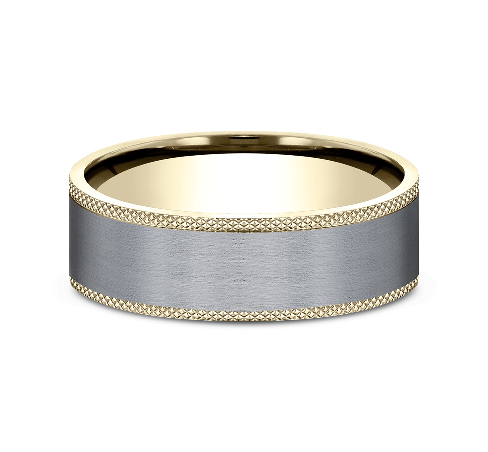 THE ROGUE 7mm, Comfort fit, 14K Yellow Gold and Grey Tantalum, Satin finish center, knurl detailed edge