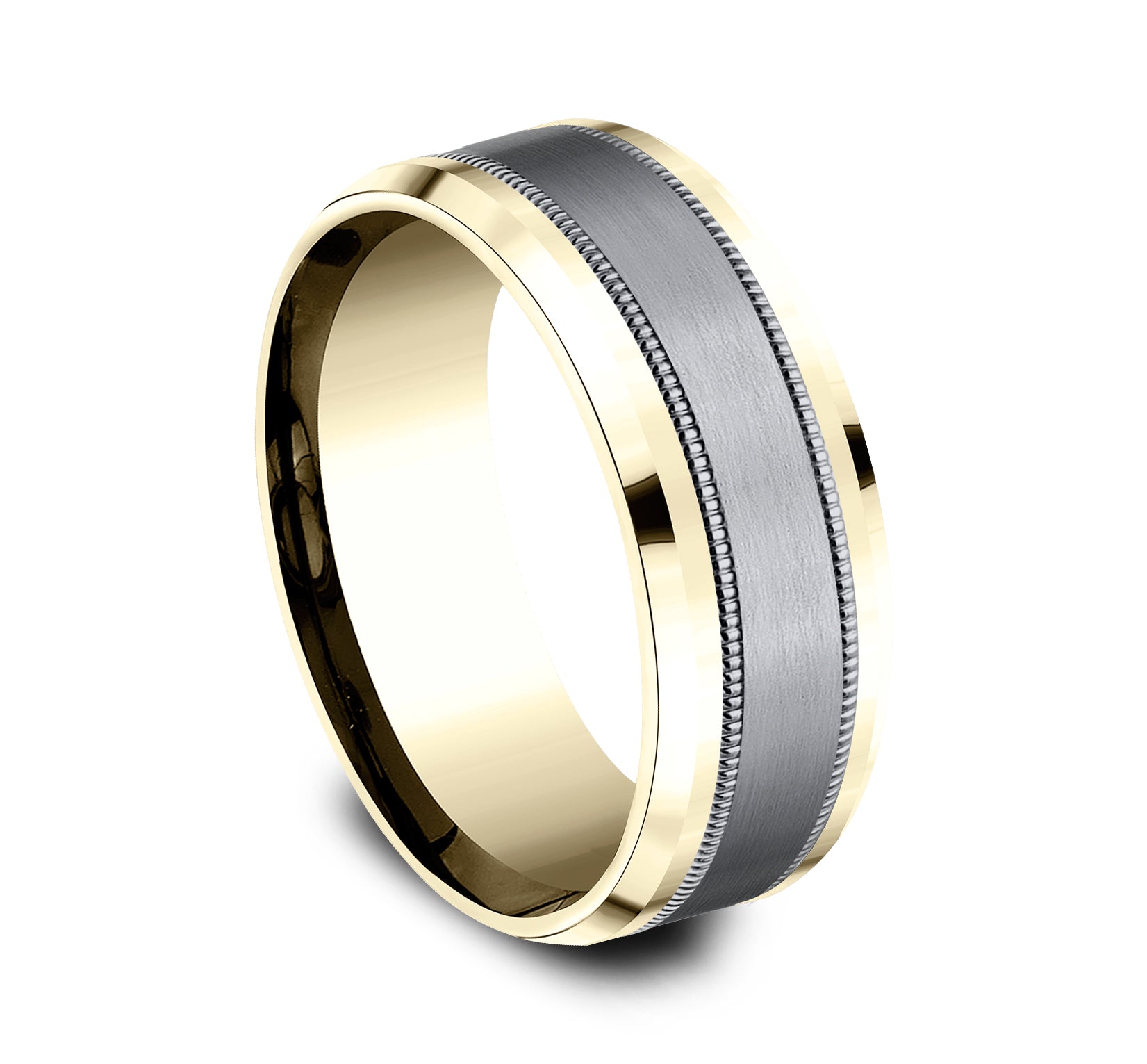 THE PROFESSOR 8mm, Comfort fit, 14K Yellow Gold and Grey Tantalum, Satin center, milgrain detailing, polished bevel edges