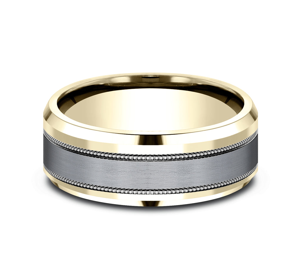 THE PROFESSOR 8mm, Comfort fit, 14K Yellow Gold and Grey Tantalum, Satin center, milgrain detailing, polished bevel edges