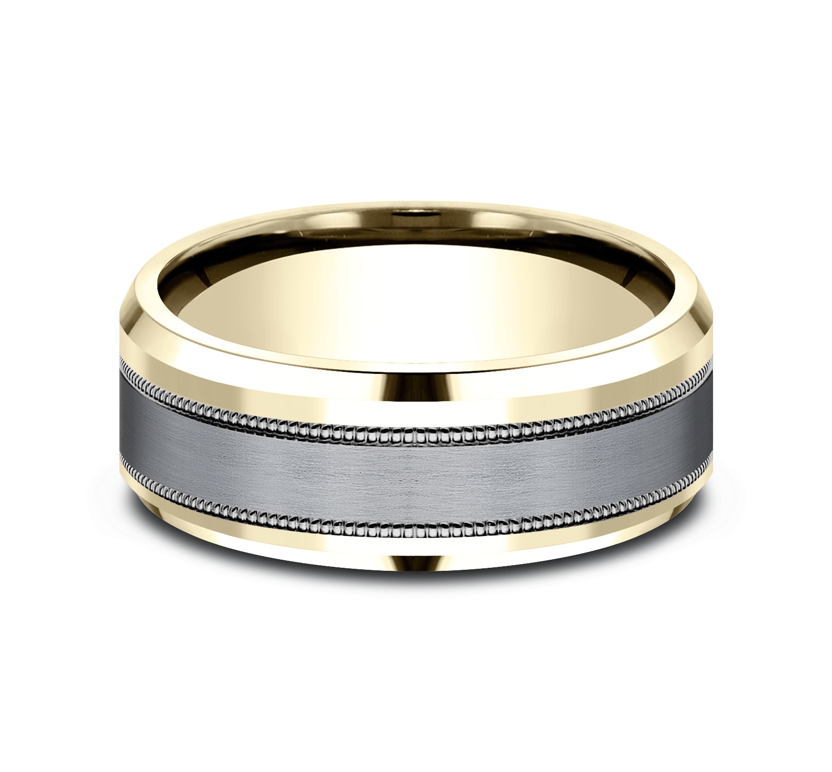 THE PROFESSOR 8mm, Comfort fit, 14K Yellow Gold and Grey Tantalum, Satin center, milgrain detailing, polished bevel edges