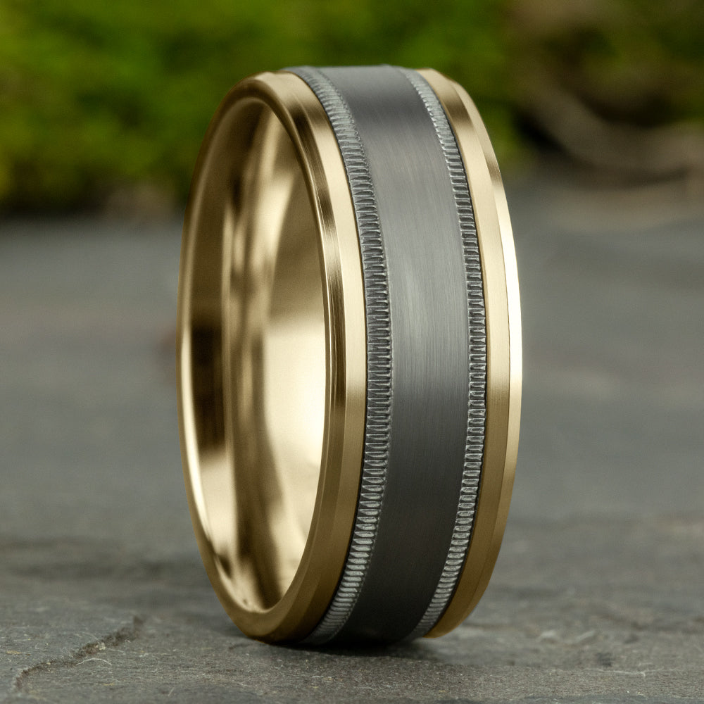 THE PROFESSOR 8mm, Comfort fit, 14K Yellow Gold and Grey Tantalum, Satin center, milgrain detailing, polished bevel edges