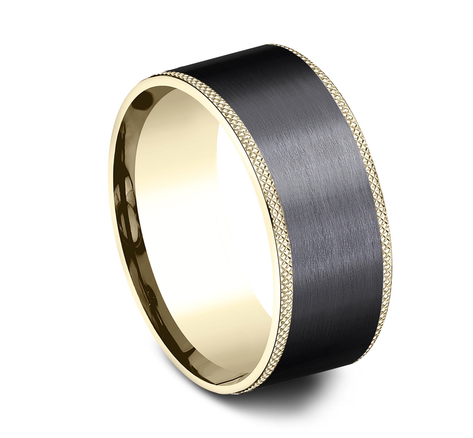 THE ROGUE 9mm, Comfort fit, 14K Yellow Gold and Black Titanium, Satin finish center, knurl detailed edges