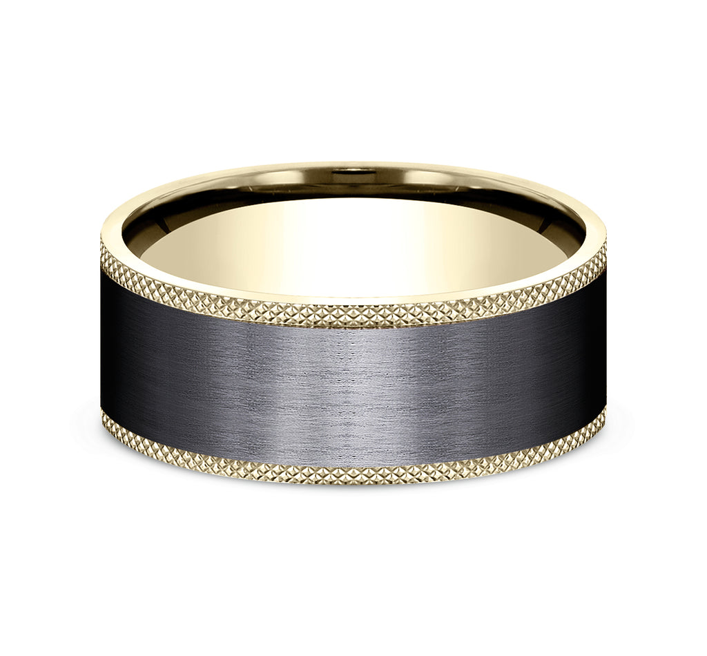THE ROGUE 9mm, Comfort fit, 14K Yellow Gold and Black Titanium, Satin finish center, knurl detailed edges